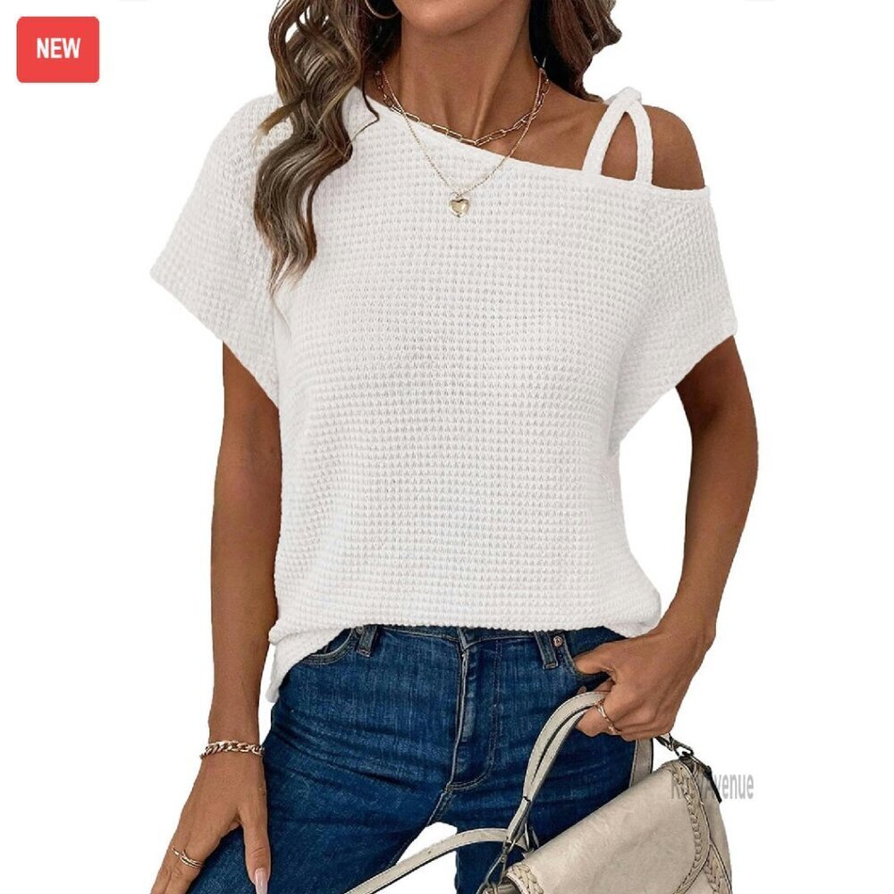Waffle Knit One Shoulder T-Shirt Lightweight Summer Top Casual